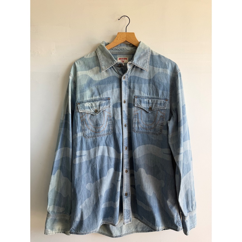 True Religion Mens 2XL Blue Camo western Denim Button Down Shirt Long Sleeve